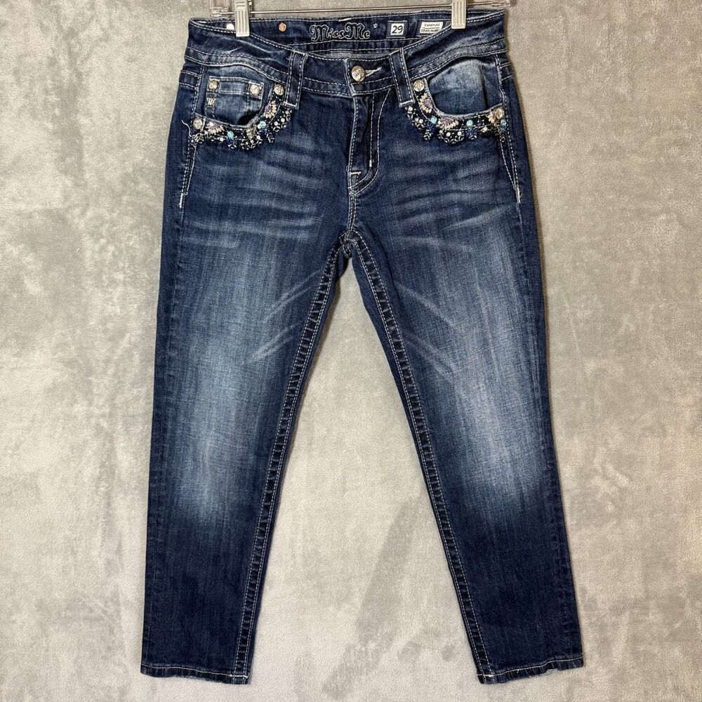 Miss Me Blue Straight Leg Embellished Rhinestone Jeans Size 29 JP7250AK READ